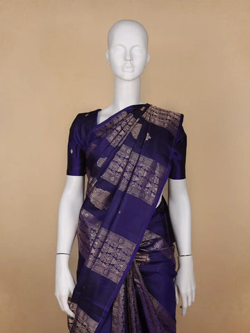 Dark Blue Floral Woven Pure Kanchipuram Silk Saree - Diadem