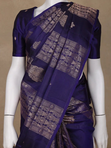 Dark Blue Floral Woven Pure Kanchipuram Silk Saree - Diadem