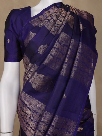 Dark Blue Floral Woven Pure Kanchipuram Silk Saree - Diadem