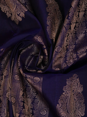 Dark Blue Floral Woven Pure Kanchipuram Silk Saree - Diadem