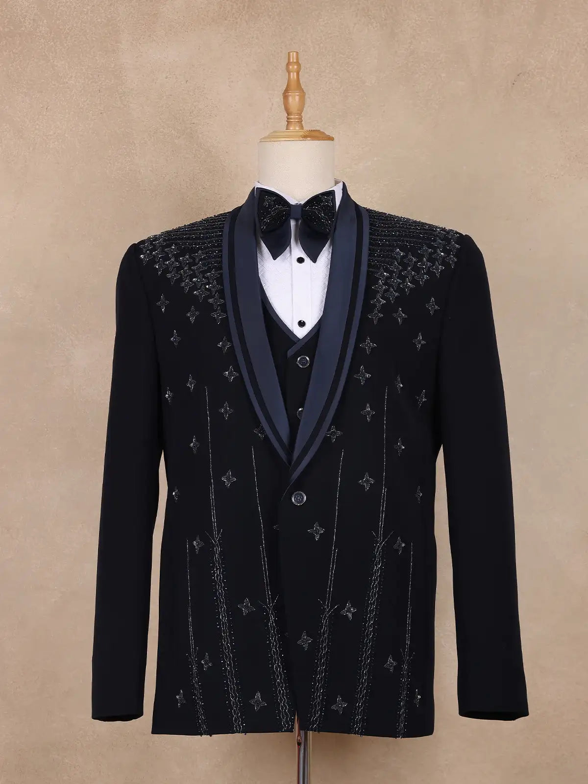 Dark Blue Floral Designed Men's Suit - Diadem