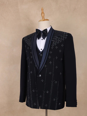 Dark Blue Floral Designed Men's Suit - Diadem