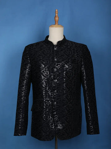 Dark Blue Sequin Designed Jodhpuri Men's Suit - Diadem