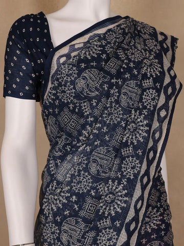 Dark Blue Warli Designed Soft Silk Saree - Diadem