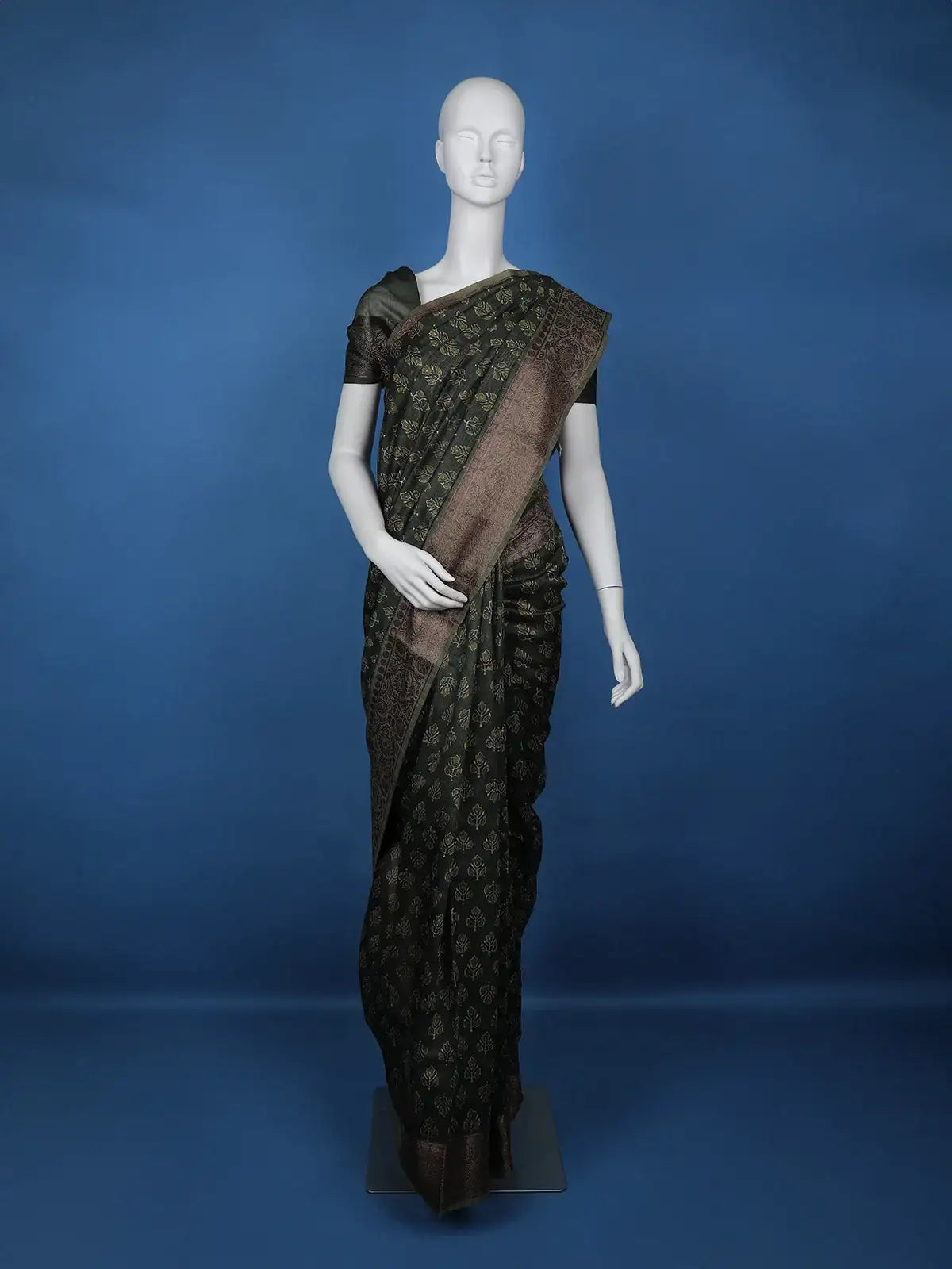 Dark Green Floral Designed Chanderi Cotton Saree - Diadem
