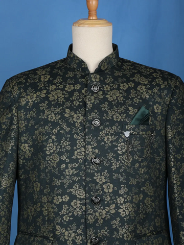 Dark Green Floral Designed Jodhpuri Men's Suit - Diadem