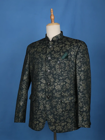 Dark Green Floral Designed Jodhpuri Men's Suit - Diadem