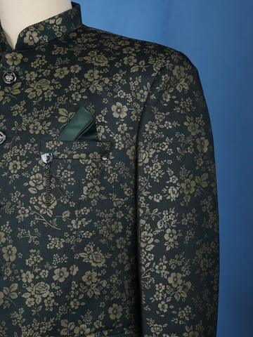 Dark Green Floral Designed Jodhpuri Men's Suit - Diadem