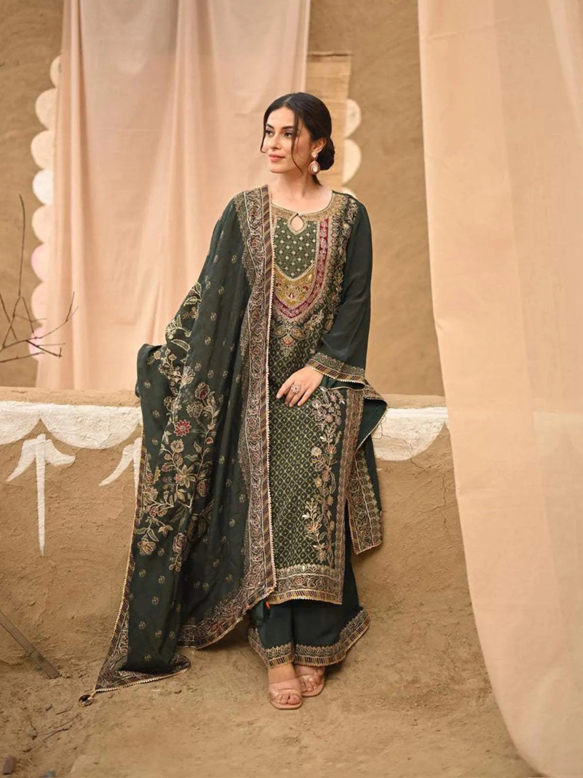 Dark Green Floral Embroidered Crepe Palazzo Salwar Suit for Women - Diadem