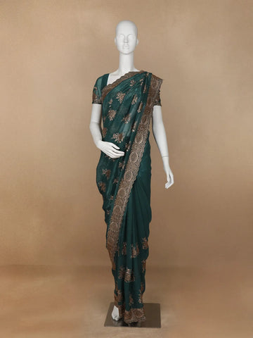 Dark Green Floral Embroidery Chiffon Silk Saree - Diadem