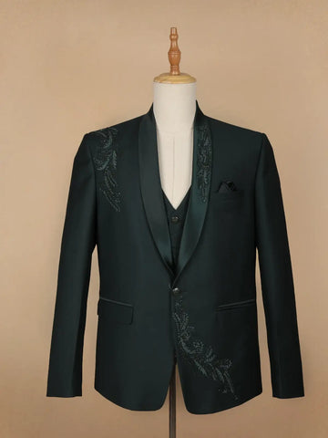 Dark Green Floral Embroidery Men's Suit - Diadem