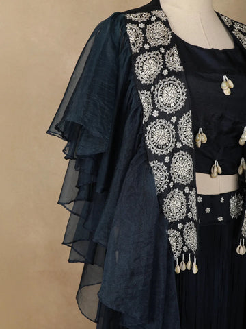 Dark Green Floral and Cowrie Shell Designed Crepe Bridesmaids Lehenga - Diadem