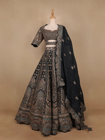 Dark Green Georgette Floral Designed Bridal Lehenga - Diadem