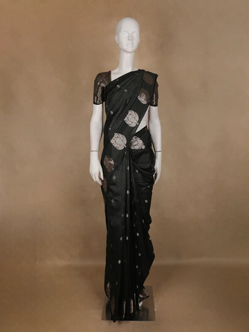 Dark Green Leaf Motif Woven Banarasi Silk Saree - Diadem