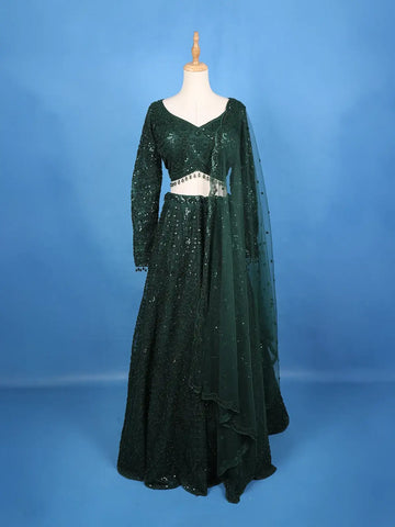 Dark Green Net Sequins And Floral Embroidery Bridesmaid Lehenga - Diadem