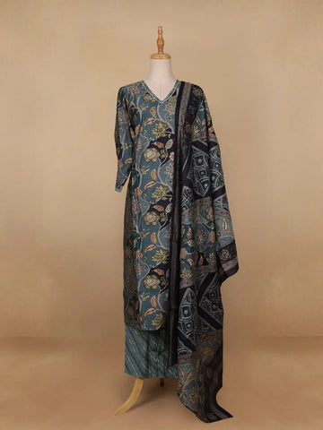 Dark Grey Floral Printed Semi Silk Salwar Suit - Diadem