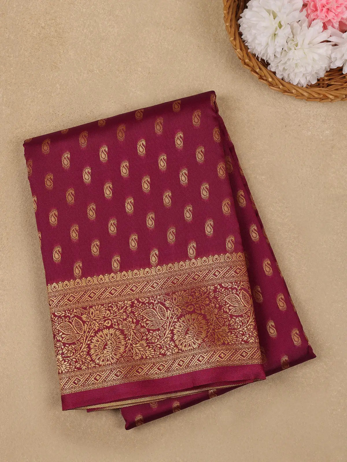 Dark Magenta Floral Design Silk Saree - Diadem