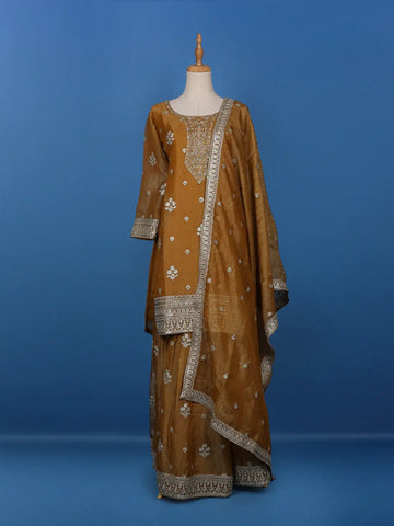 Dark Mustard Floral Designed Semi Silk Salwar Suit - Diadem