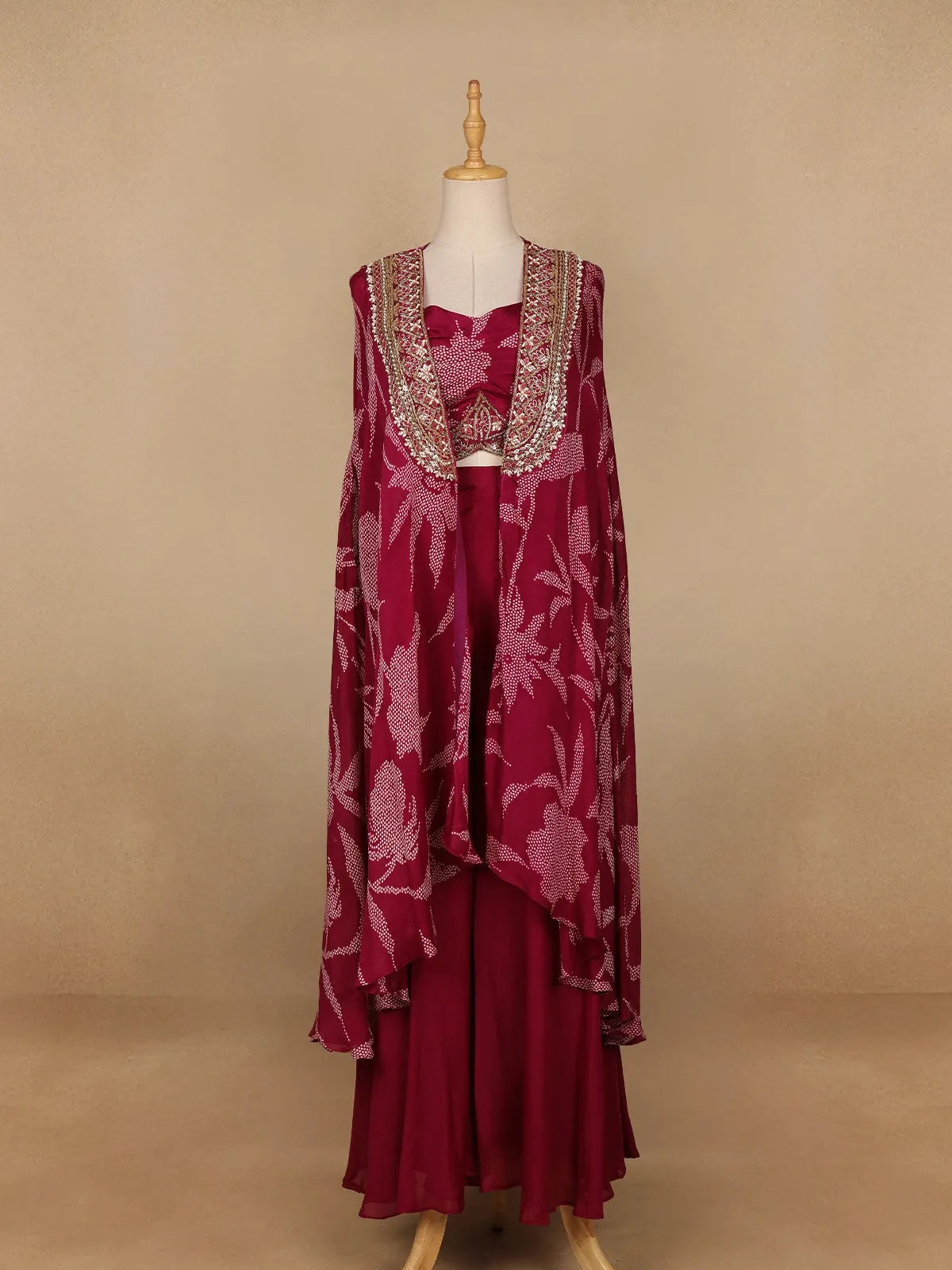 Dark Pink Floral Design Crepe Palazzo Suit - Diadem