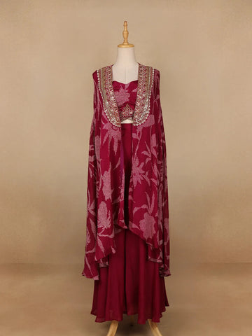 Dark Pink Floral Design Crepe Palazzo Suit - Diadem