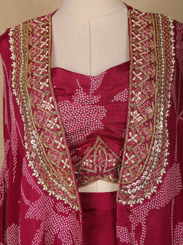 Dark Pink Floral Design Crepe Palazzo Suit - Diadem