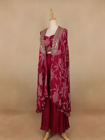 Dark Pink Floral Design Crepe Palazzo Suit - Diadem