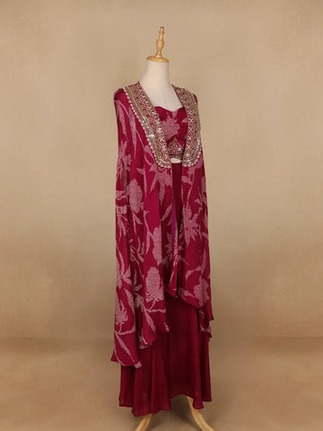 Dark Pink Floral Design Crepe Palazzo Suit - Diadem