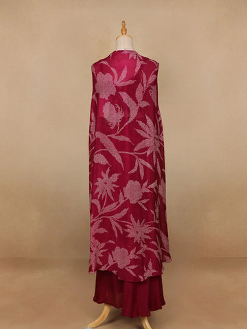 Dark Pink Floral Design Crepe Palazzo Suit - Diadem