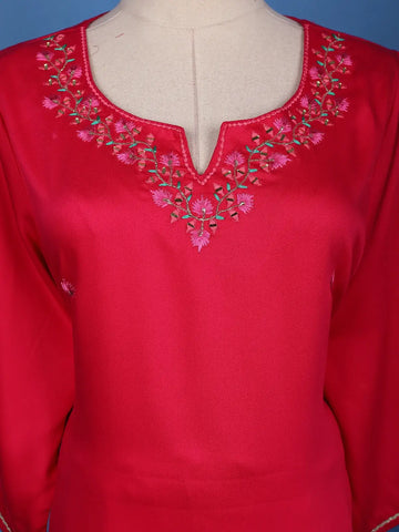 Dark Pink Floral Design Printed Satin Salwar Suit - Diadem