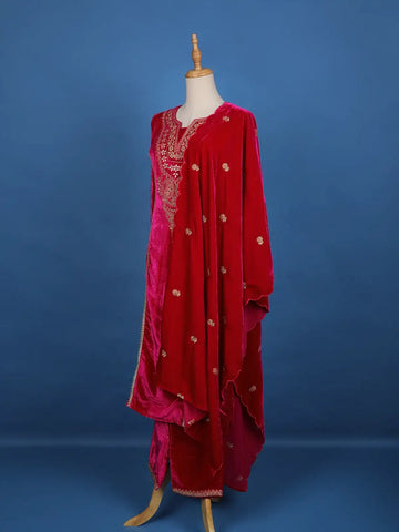 Dark Pink Floral Designed Velvet Salwar Suit - Diadem
