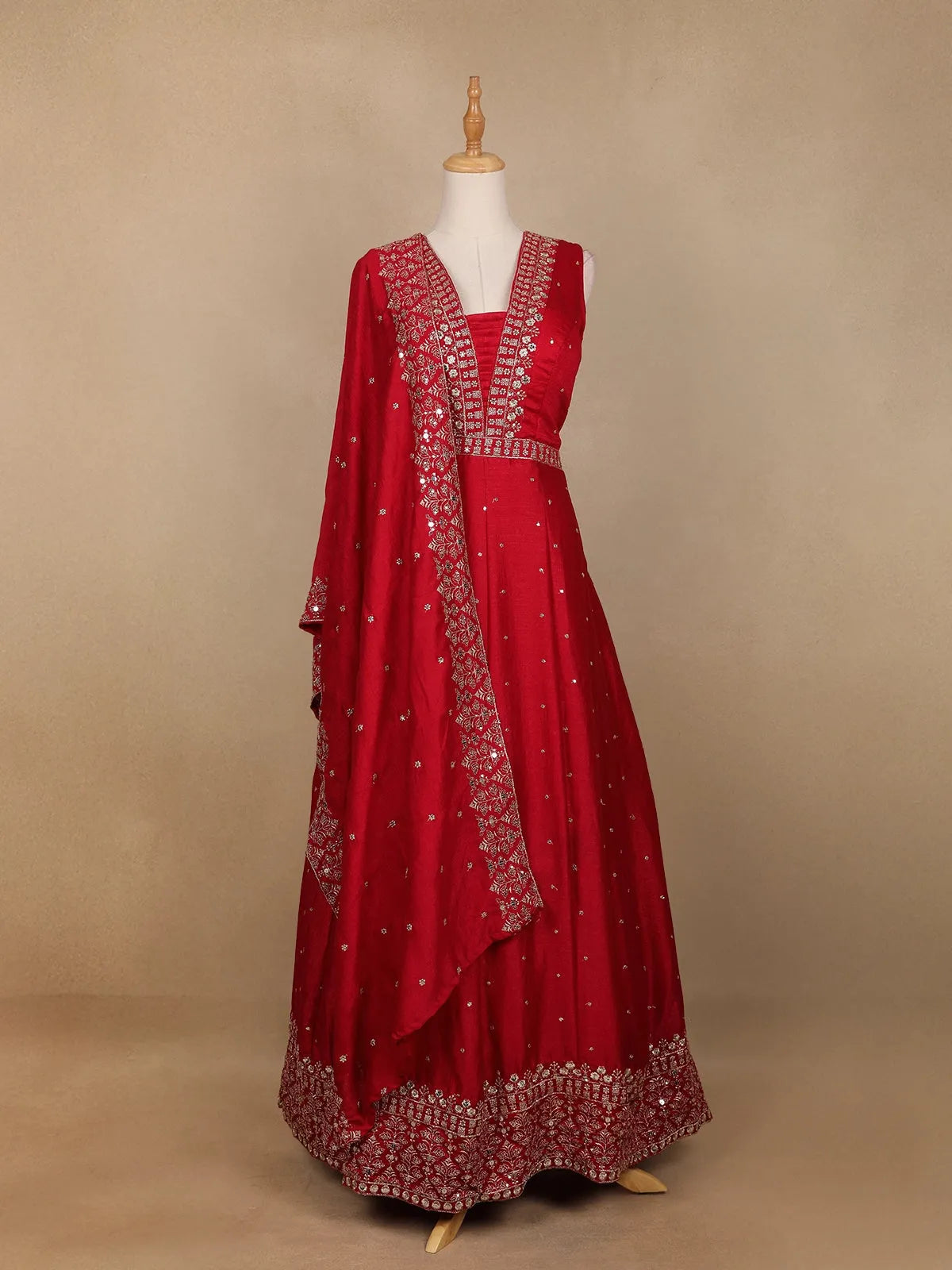 Dark Pink Floral Embroidery Raw Silk Gown - Diadem