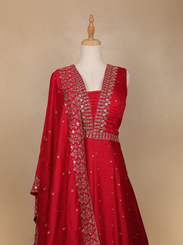 Dark Pink Floral Embroidery Raw Silk Gown - Diadem