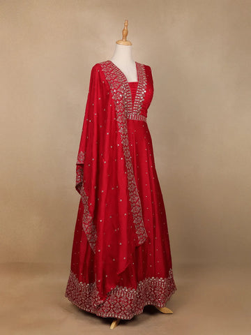 Dark Pink Floral Embroidery Raw Silk Gown - Diadem