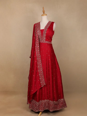 Dark Pink Floral Embroidery Raw Silk Gown - Diadem