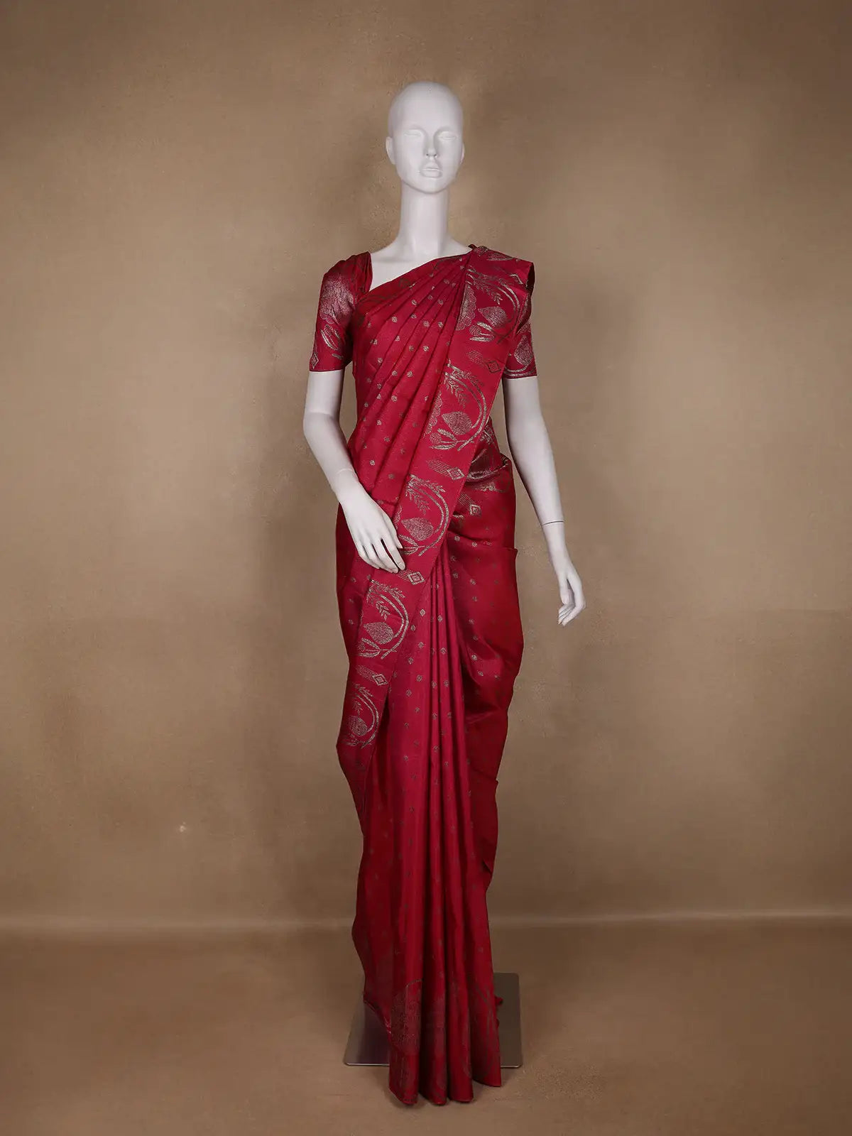 Dark Pink Floral Woven Pure Kanchipuram Silk Saree - Diadem
