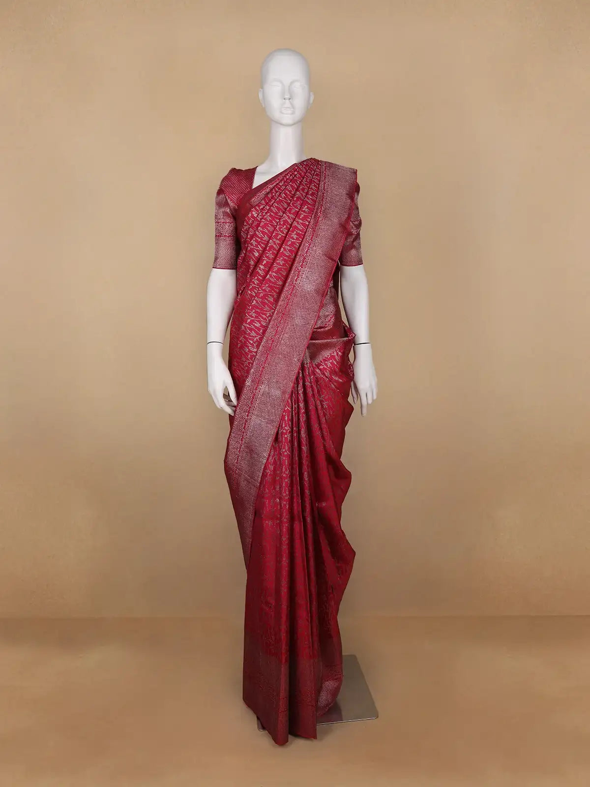 Dark Pink Floral Woven Pure Kanchipuram Silk Saree - Diadem