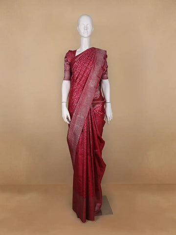 Dark Pink Floral Woven Pure Kanchipuram Silk Saree - Diadem