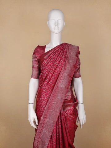 Dark Pink Floral Woven Pure Kanchipuram Silk Saree - Diadem