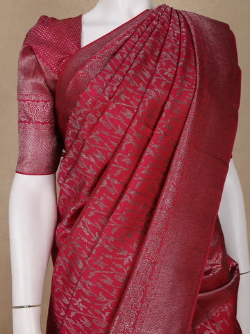 Dark Pink Floral Woven Pure Kanchipuram Silk Saree - Diadem