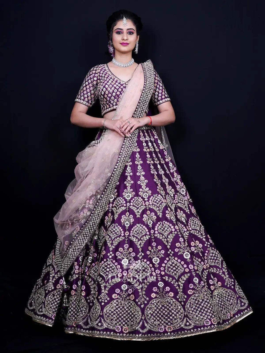 Dark Purple Bridal Lehenga with Floral Embroidery Diadem