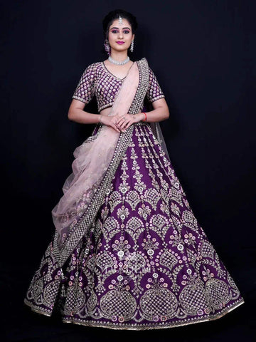 Dark Purple Bridal Lehenga with Floral Embroidery - Diadem