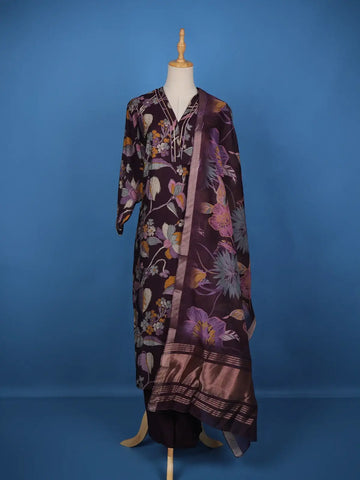 Dark Purple Floral Designed Cotton Salwar Suit - Diadem