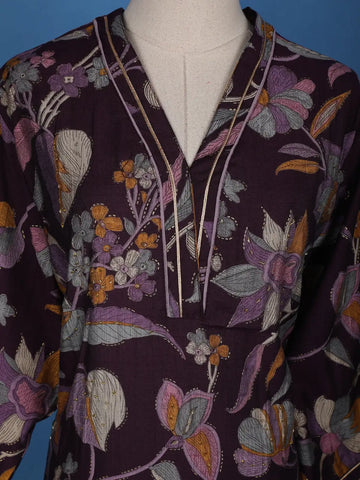 Dark Purple Floral Designed Cotton Salwar Suit - Diadem