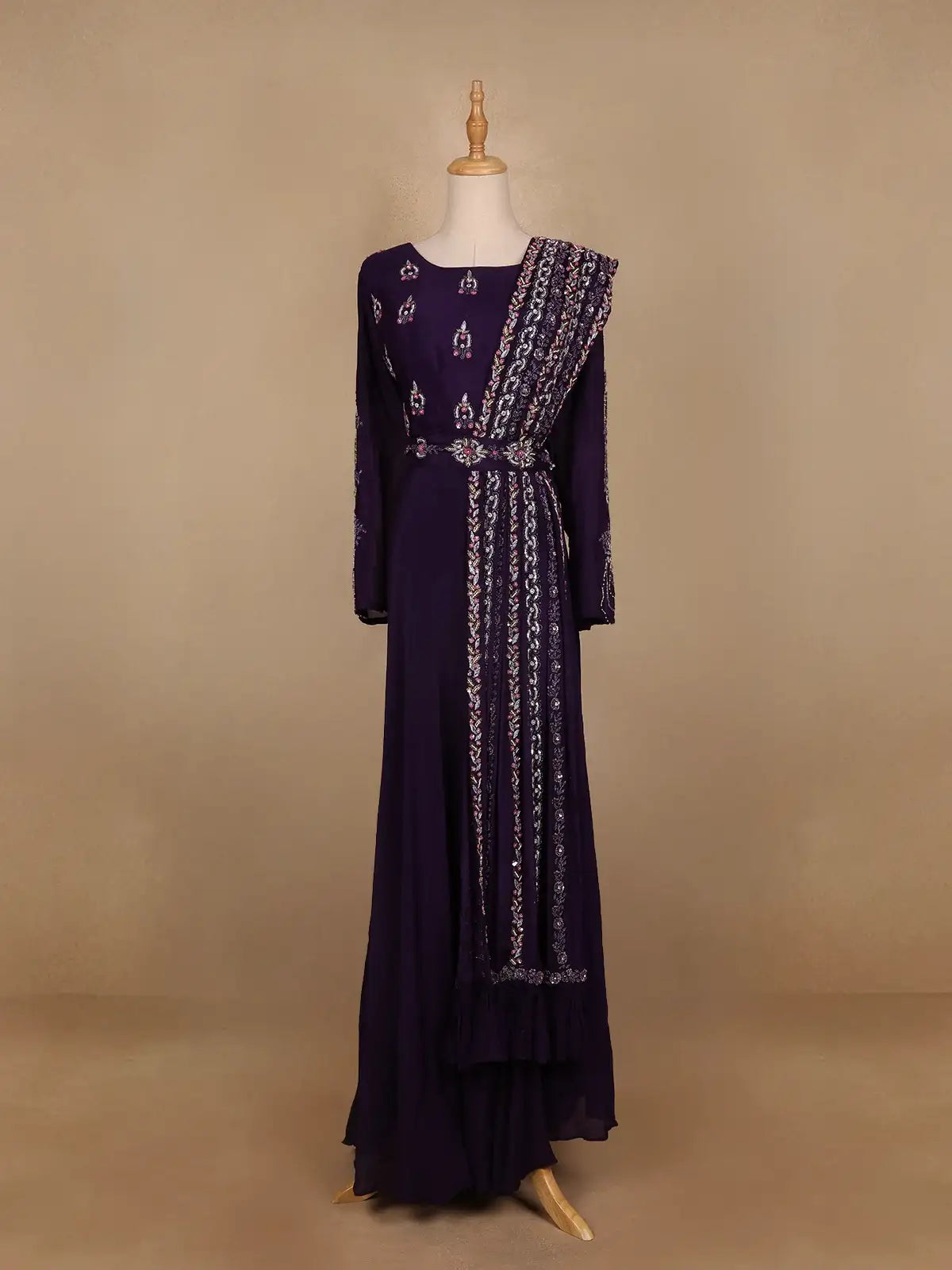 Dark Purple Floral Designed Crepe Gown - Diadem