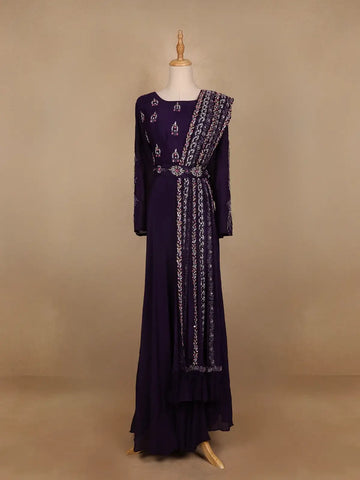 Dark Purple Floral Designed Crepe Gown - Diadem