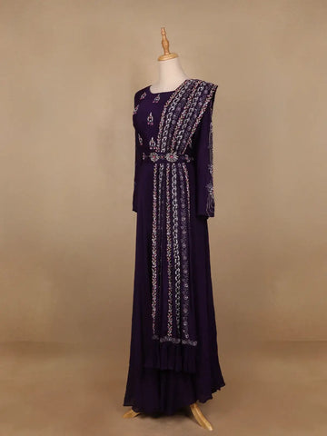 Dark Purple Floral Designed Crepe Gown - Diadem