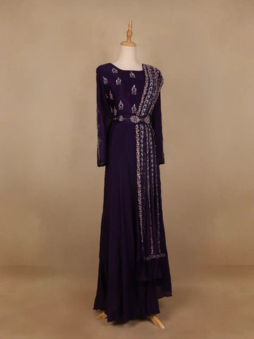 Dark Purple Floral Designed Crepe Gown - Diadem