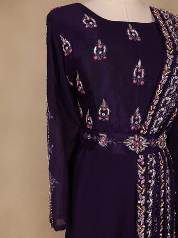 Dark Purple Floral Designed Crepe Gown - Diadem
