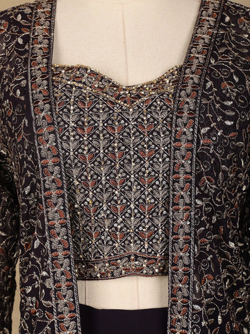 Dark Purple Floral Designed Georgette Palazzo Suit - Diadem