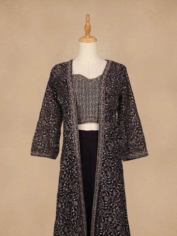 Dark Purple Floral Designed Georgette Palazzo Suit - Diadem